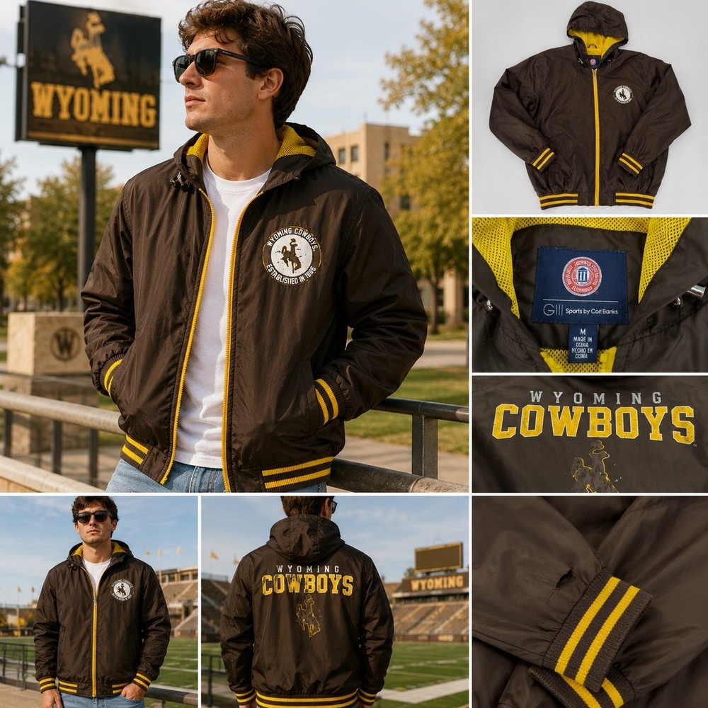 G-III Wyoming Cowboys Windbreaker Jacket‎ Mens Medium Brown Yellow Hooded